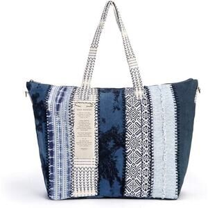 Demdaco Weekender Indigo Blue Stripe 23 x 15 Recycled Denim Fabric Duffel Bag